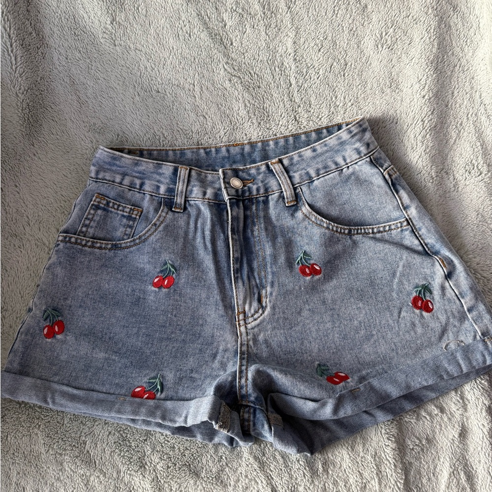 Cherry Embroidered Denim Shorts